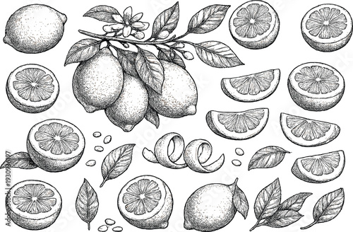 Hand drawn lemon fruit botanical illustration set with whole sliced citrus leaves and blossoms vintage engraved style vector collection