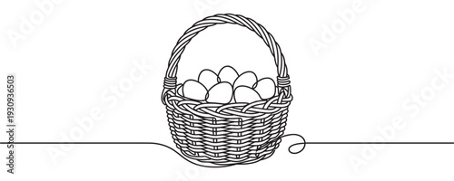 Wicker basket with eggs drawn in a continuous line style, illustrating a minimalist concept of farm fresh produce.