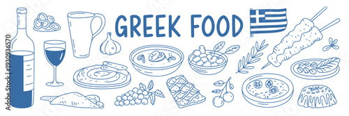 A vibrant illustration showcasing various types of greek food and drink items isolated on white background, Vector, illustration