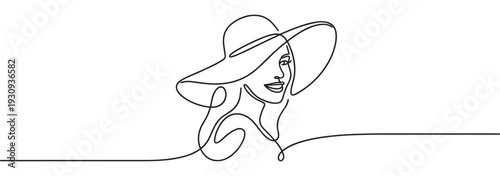 Woman wearing a stylish wide-brimmed hat with elegant continuous line art drawing style depicting beauty and fashion.