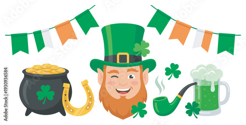 St. Patrick's Day celebration elements featuring a cheerful leprechaun, lucky pot of gold, shamrocks, and festive green beer.