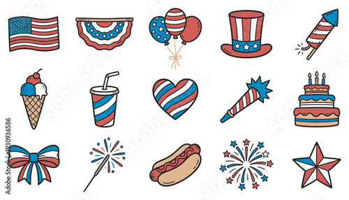 Patriotic celebration icons and festive elements in a charming hand-drawn style, perfect for national holidays and summer events.