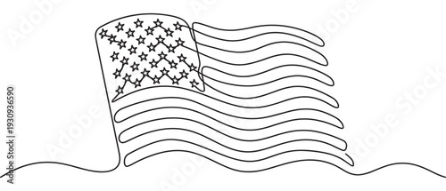 American flag illustration drawn in a continuous single line art style, gracefully waving to symbolize patriotism and freedom.