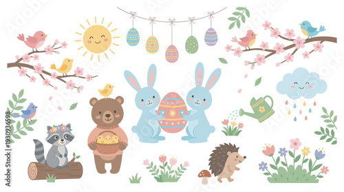 Cute spring Easter animal character collection with colorful elements like bunnies, birds, bear, raccoon, hedgehog, flowers, and eggs.