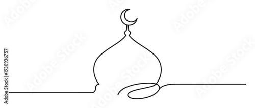 Continuous line drawing mosque dome crescent moon symbol representing Islamic faith and culture in a minimalist artistic style.