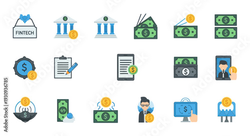 Flat design financial and banking services icon set with money bank and mobile payment symbols.