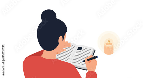 Woman Reading and Writing in a Notebook with Candlelight.
