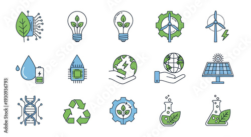 Collection of Eco-Friendly Technology and Sustainability Icons.