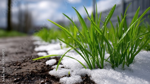 Fresh green grass emerging through melting snow along a dirt path in early spring, with sunlight illuminating the scene and clouds in the background