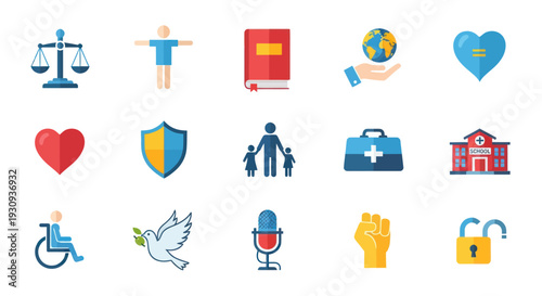 Collection of colorful flat design icons representing various social and humanitarian themes.