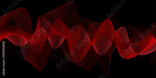 Abstract red wave on black background with fluid motion and digital network connection lines for technology and music