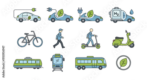 Eco-friendly transportation icons set: electric cars bicycle scooter train bus and hydrogen vehicle for sustainable mobility.