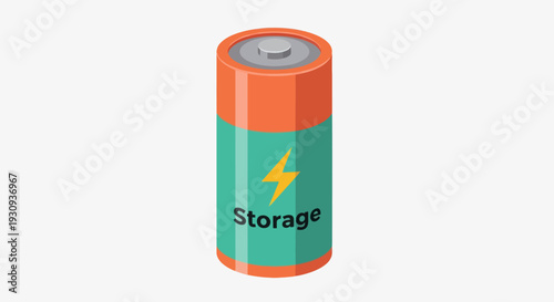 Isometric Illustration of a Cylindrical Battery with Energy Symbol.