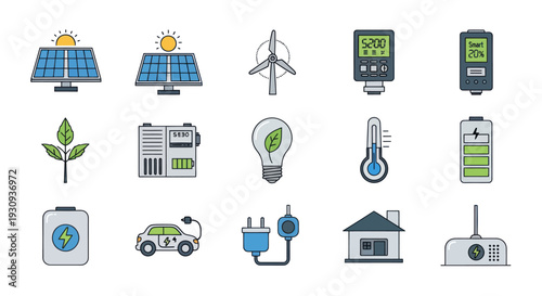 Collection of Icons Representing Renewable Energy and Sustainable Technology.