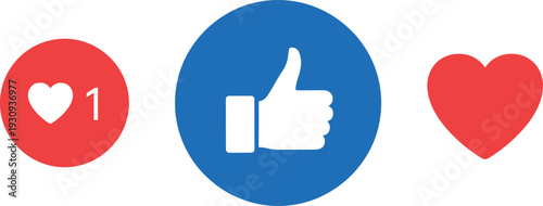 Social media like, love and thumbs up reaction icons with heart counter symbols for user engagement and modern digital interface design