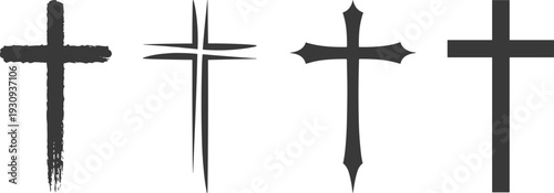 Set of black Christian cross silhouettes in different styles isolated on white background symbolizing faith, religion, spirituality, worship, belief