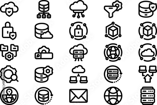 Collection of various icons representing digital security and data management concepts in a grid layout