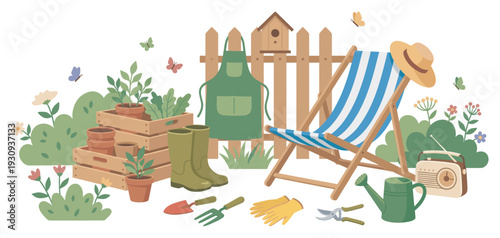 Gardening tools and leisure items create a charming outdoor scene with plants, flowers, and a relaxing deck chair for a perfect spring day.