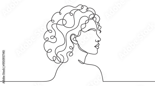 Continuous line drawing woman's profile with curly hair looking thoughtfully to the side, representing beauty and simplicity.