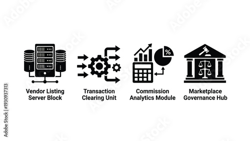 Financial Marketplace Icons with Vendor Listing Server Block, Transaction Clearing Unit, Commission Analytics Module and Governance Hub