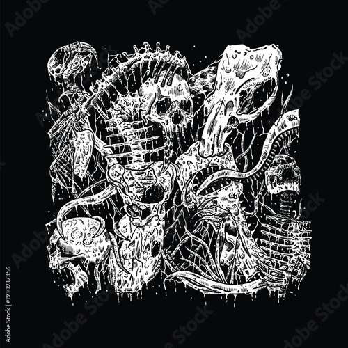skull skeleton stacked death metal illustration