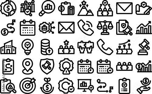 Collection of business icons displayed on a clean white background illustrating various corporate concepts and symbols