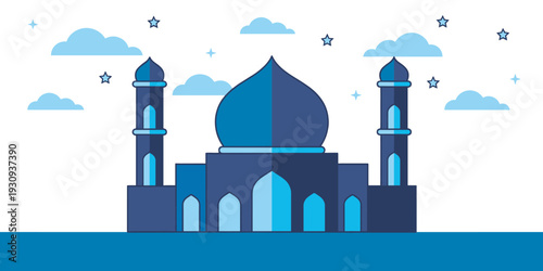 Beautiful blue mosque with minarets and dome under a sky filled with clouds and stars, symbolizing Islamic culture and celebration.