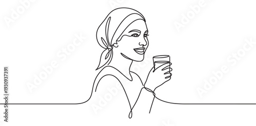 Woman wearing a headscarf holds a glass of water with a happy, smiling expression in a continuous line art style.