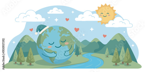 Sleeping Earth character peacefully rests amidst a serene natural landscape with mountains, trees, and a smiling sun.