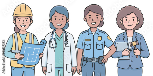 Diverse female professionals standing together representing various important careers including construction, medicine, law enforcement, and legal services.