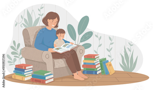 Mother and child reading a storybook together in a comfortable armchair surrounded by stacks of colorful books, enjoying quality time.