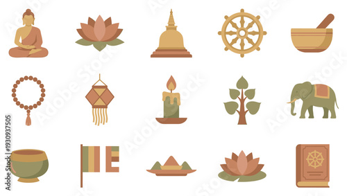 Diverse Buddhist spiritual symbols and cultural icons are depicted in a minimalist flat design style, perfect for religious themes.