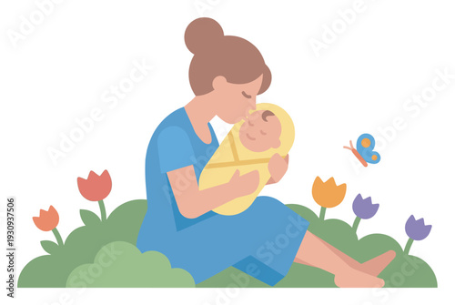 Mother holding newborn baby gently kissing forehead in a field of colorful tulips with a butterfly flying nearby.
