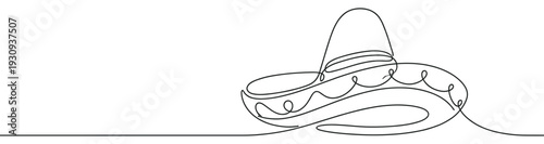 Traditional Mexican sombrero drawn in a continuous single line art style, symbolizing festive culture and vibrant celebrations with a minimalist design.