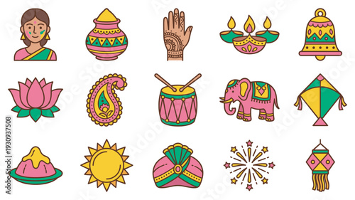 Indian festival celebration traditional culture elements set in a vibrant and colorful cartoon style, perfect for various design projects.