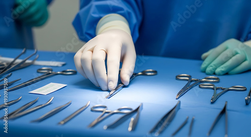 Surgeon preparing surgical tools on blue table in hospital