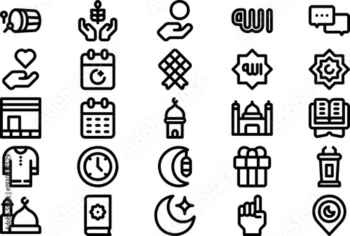 Collection of Islamic icons and symbols in various categories on a clean background