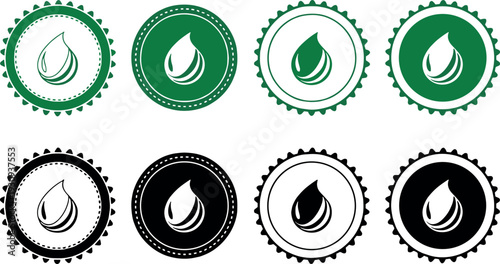 Eco Water Drop Badge and Seal Icon Set with Natural Liquid Symbols in Vintage Circular Style for Organic, Environmental, and Quality Label Designs