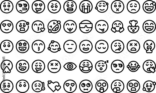 Collection of diverse emoticon faces illustrating various emotions and expressions in a simple line art style.