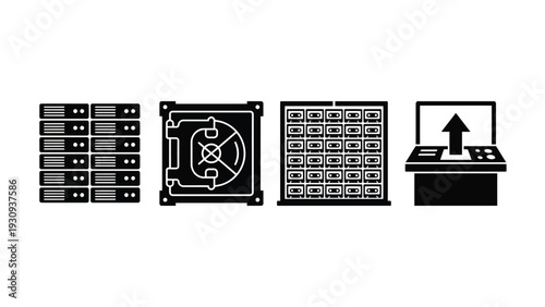 Server Room Data Storage Security System with Upload Icon on Computer Screen