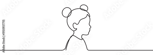 Young child's profile is depicted in a minimalist continuous line art drawing with two hair buns, representing simplicity and childhood.