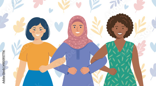 Three diverse women linking arms together, smiling happily and celebrating their strong friendship, diversity, and empowerment.