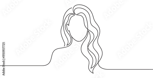 Woman's head with long flowing hair drawn in a minimalist continuous line art style, symbolizing elegance and beauty.
