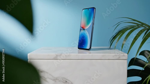 Wallpaper Mural Modern smartphone on marble pedestal with tropical leaves Torontodigital.ca