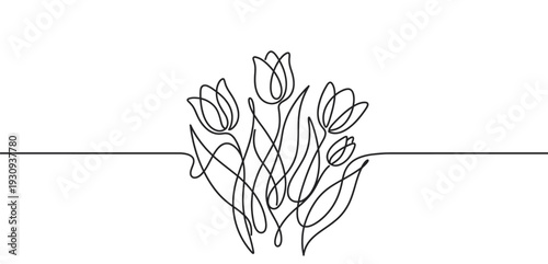 Tulip flowers bouquet continuous line drawing illustration capturing the essence of spring blossoms in a minimalist style.