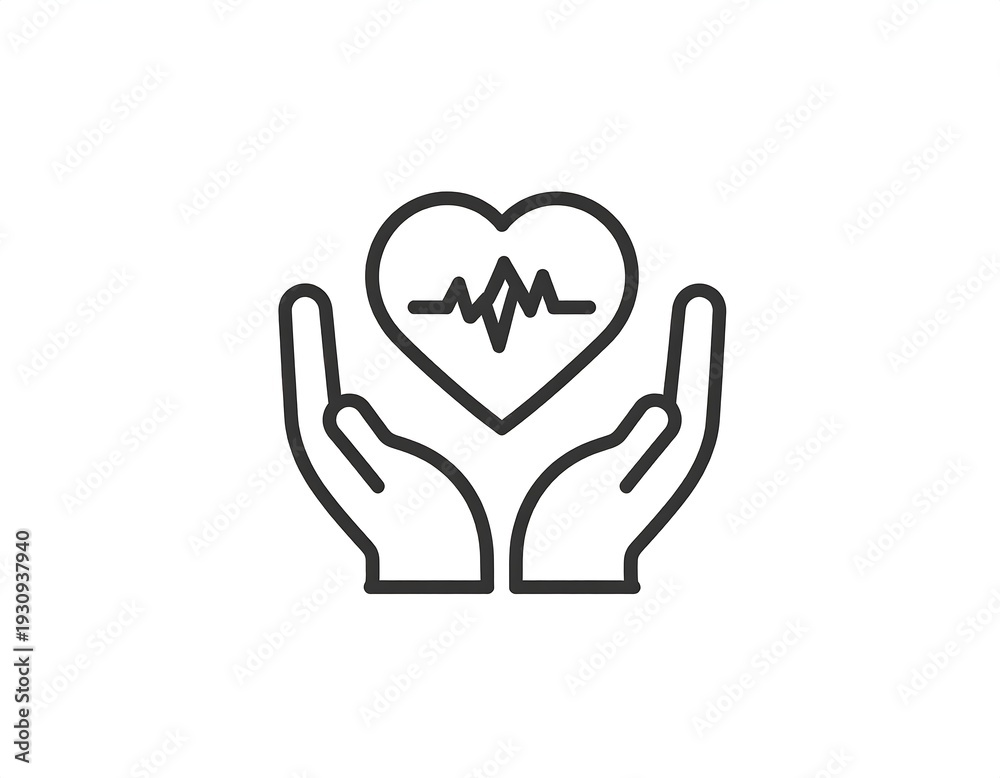Obraz premium Heartbeat in hands. Outline art; symbol of care/health. Clean, white background