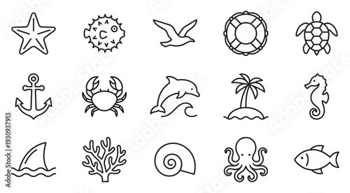 Ocean and sea life icons collection featuring various marine creatures and beach symbols in a clean outline style.
