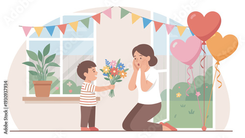 Little boy gives mother beautiful flowers as a heartfelt surprise gift to celebrate a joyous and special occasion.