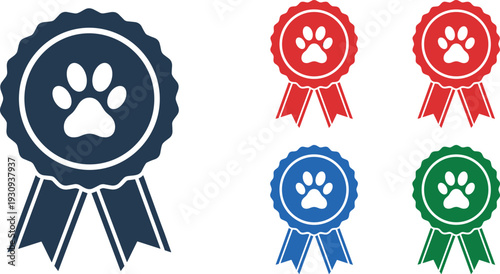 Pet Award and Achievement Badge Icon Set with Paw Print Ribbons and Prize Symbols in Flat Style for Animal Competitions, Veterinary, and Pet Care Design