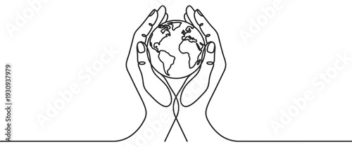 Hands holding globe in a continuous line art style, symbolizing global protection, environmental care, and unity.